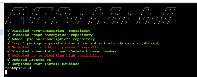 Helper script final screen just before rebooting Proxmox